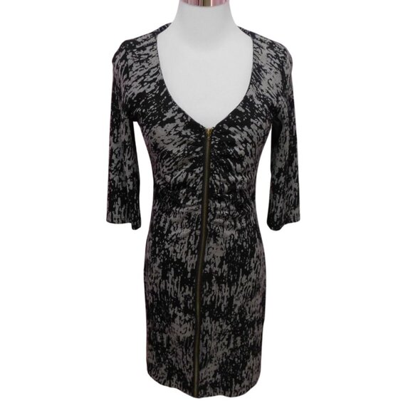 Womens Black & Gray Abstract Print Zip Front Mini Dress - Picture 1 of 10